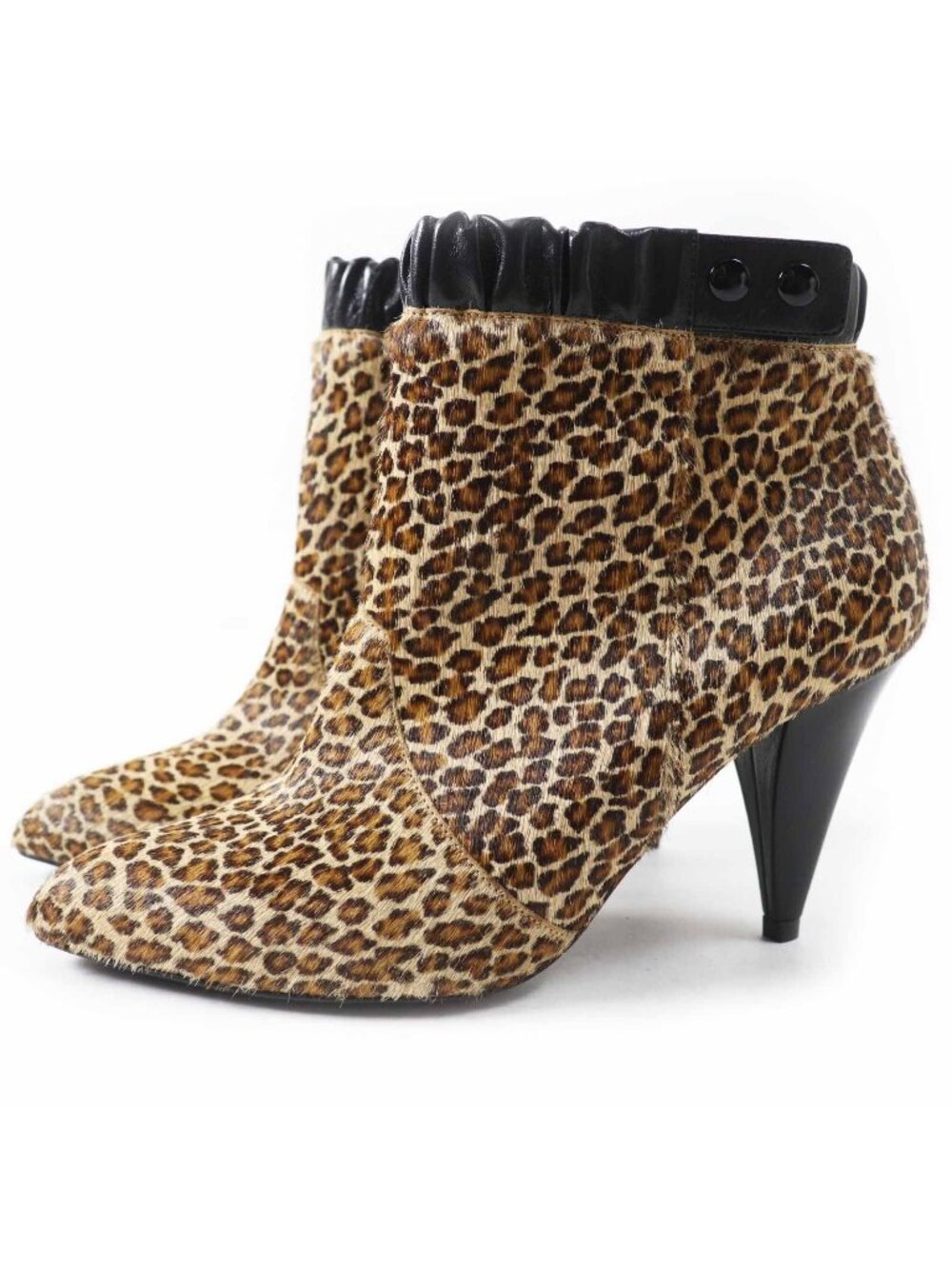 Celine Leopard Print Pointed Toe Calf Hair Leather Short Boots Brown Black